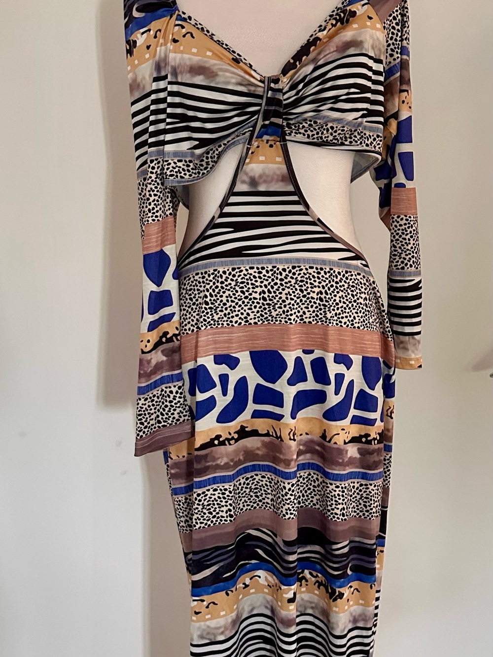 Cutout Maxi Dress in Blue & Tan Abstract Print